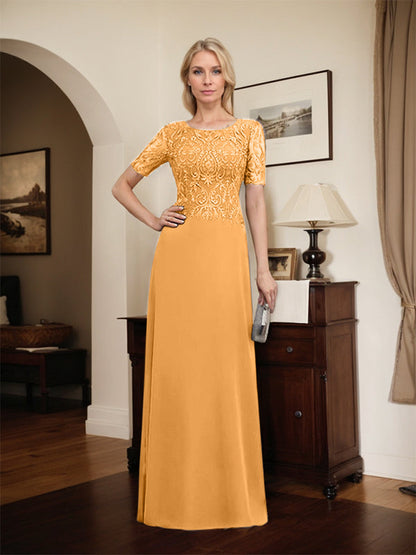 A-Linie U-Ausschnitt Bodenlang Spitzen-Chiffon-Kleid für die Brautmutter mit Pailletten