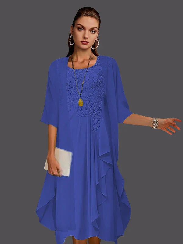 Vestidos de dos piezas con chaqueta sin mangas de encaje de gasa en línea A con pliegues y apliques