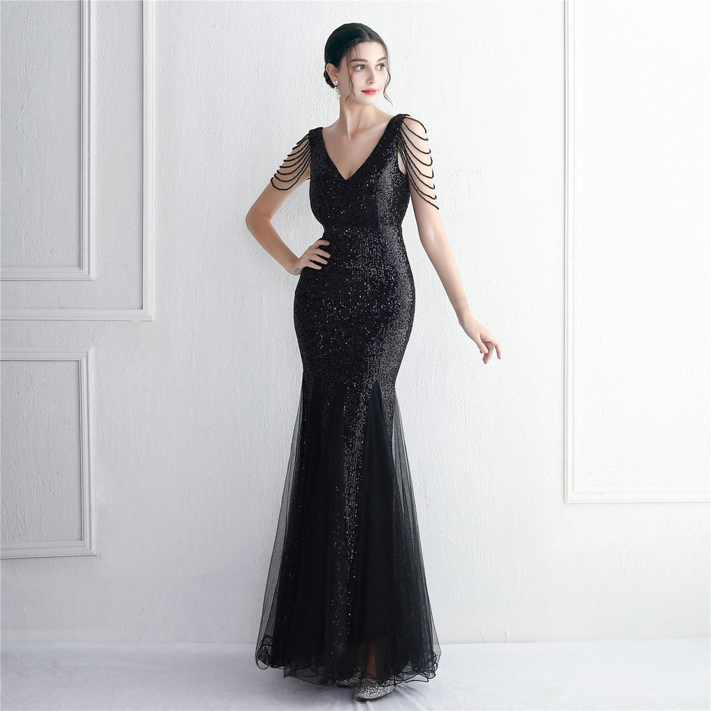Sequin Mesh Craft Beaded Party Dress: Elegant Long Cocktail Slim Fit Evening Dress