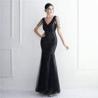 Sequin Mesh Craft Beaded Party Dress: Elegant Long Cocktail Slim Fit Evening Dress