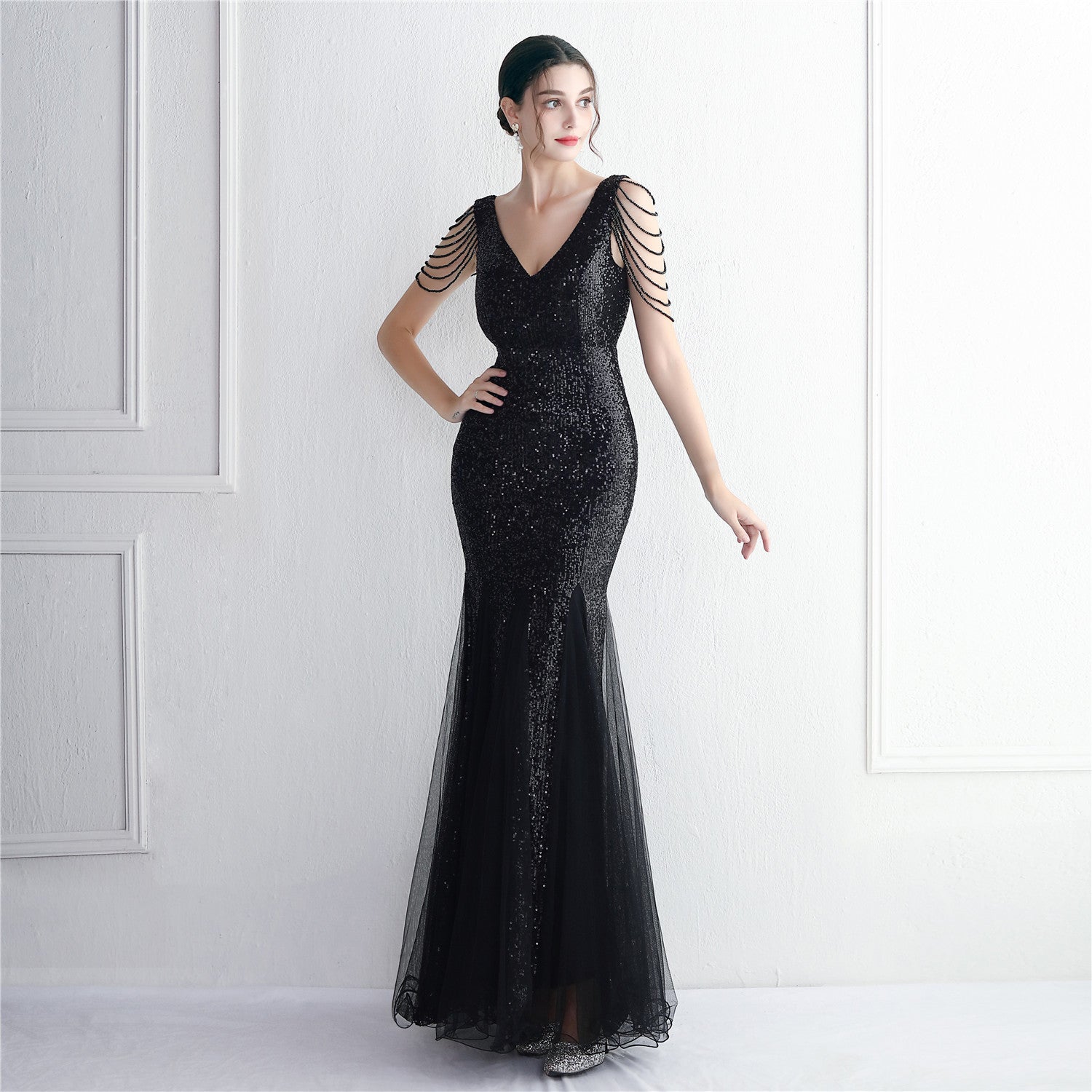 Sequin Mesh Craft Beaded Party Dress: Elegant Long Cocktail Slim Fit Evening Dress