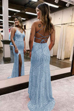 Orange Sequins Sheath Prom Dress With Spaghetti Straps And Criss Cross Back