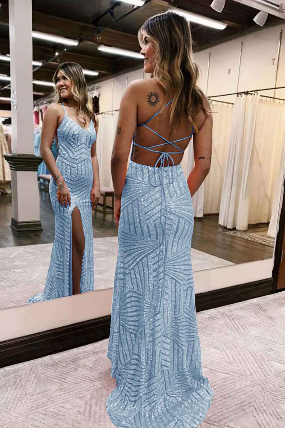Orange Sequins Sheath Prom Dress With Spaghetti Straps And Criss Cross Back