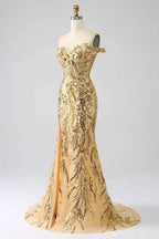 Sparkly Gold Off Shoulder Mermaid Sequin Long Prom Dress With Slit