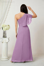 Abito da Sera Formale A-line con Spalla Singola e Balze in Chiffon, Spacco Laterale, per Damigelle, Modello 2809