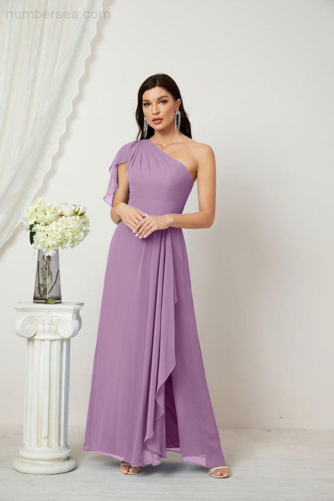 Abito da Sera Formale A-line con Spalla Singola e Balze in Chiffon, Spacco Laterale, per Damigelle, Modello 2809