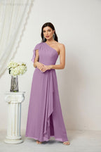 Abito da Sera Formale A-line con Spalla Singola e Balze in Chiffon, Spacco Laterale, per Damigelle, Modello 2809
