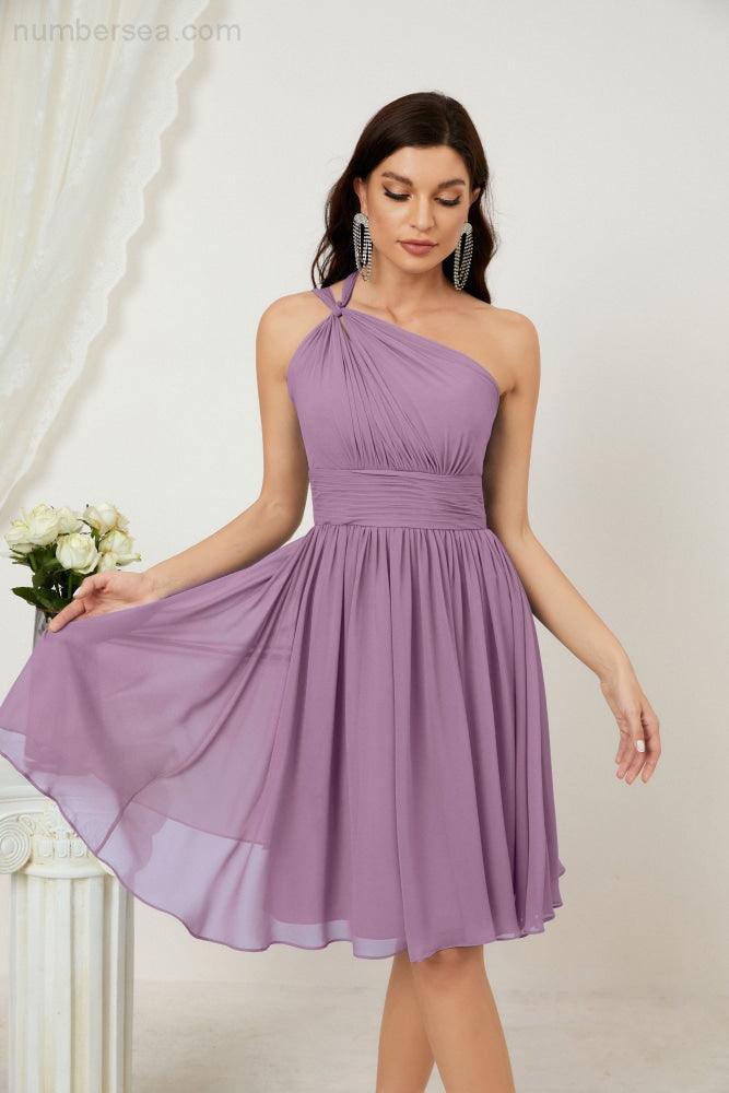 Numbersea Damen Chiffon Kurzes Ein-Schulter Brautjungfernkleid Festliche Kleider für Feier Heimkehr 2804