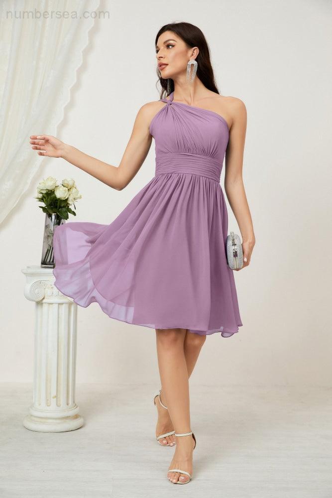 Numbersea Damen Chiffon Kurzes Ein-Schulter Brautjungfernkleid Festliche Kleider für Feier Heimkehr 2804