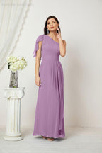 Abito da Sera Formale A-line con Spalla Singola e Balze in Chiffon, Spacco Laterale, per Damigelle, Modello 2809