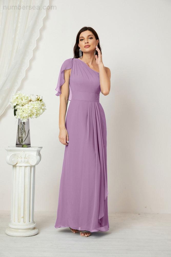 Abito da Sera Formale A-line con Spalla Singola e Balze in Chiffon, Spacco Laterale, per Damigelle, Modello 2809
