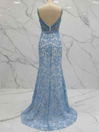 Blue Floral Sweetheart Corset Prom Dress With Spaghetti Straps
