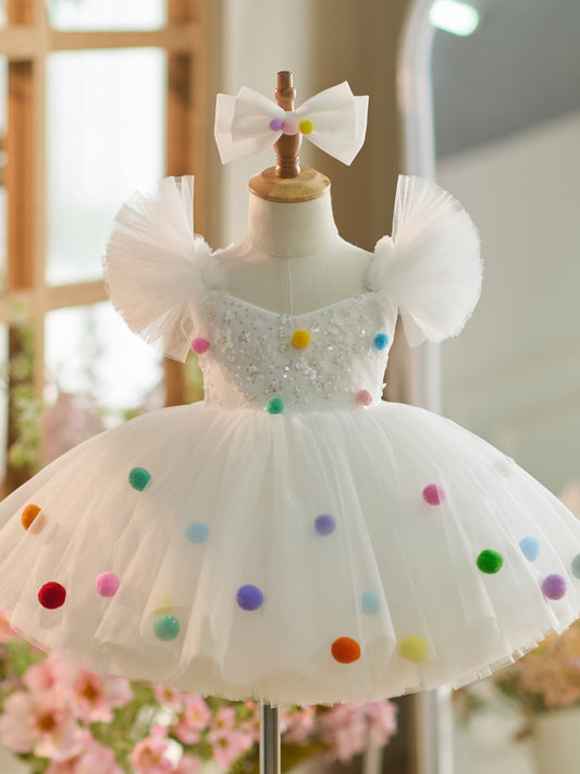 Vestido de festa de 1º aniversário com lantejoulas brancas e tule na altura do joelho 