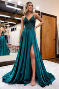Dark Green Satin A-Line Appliqued Prom Dress With Side Slit For Formal Evening Party Occasions