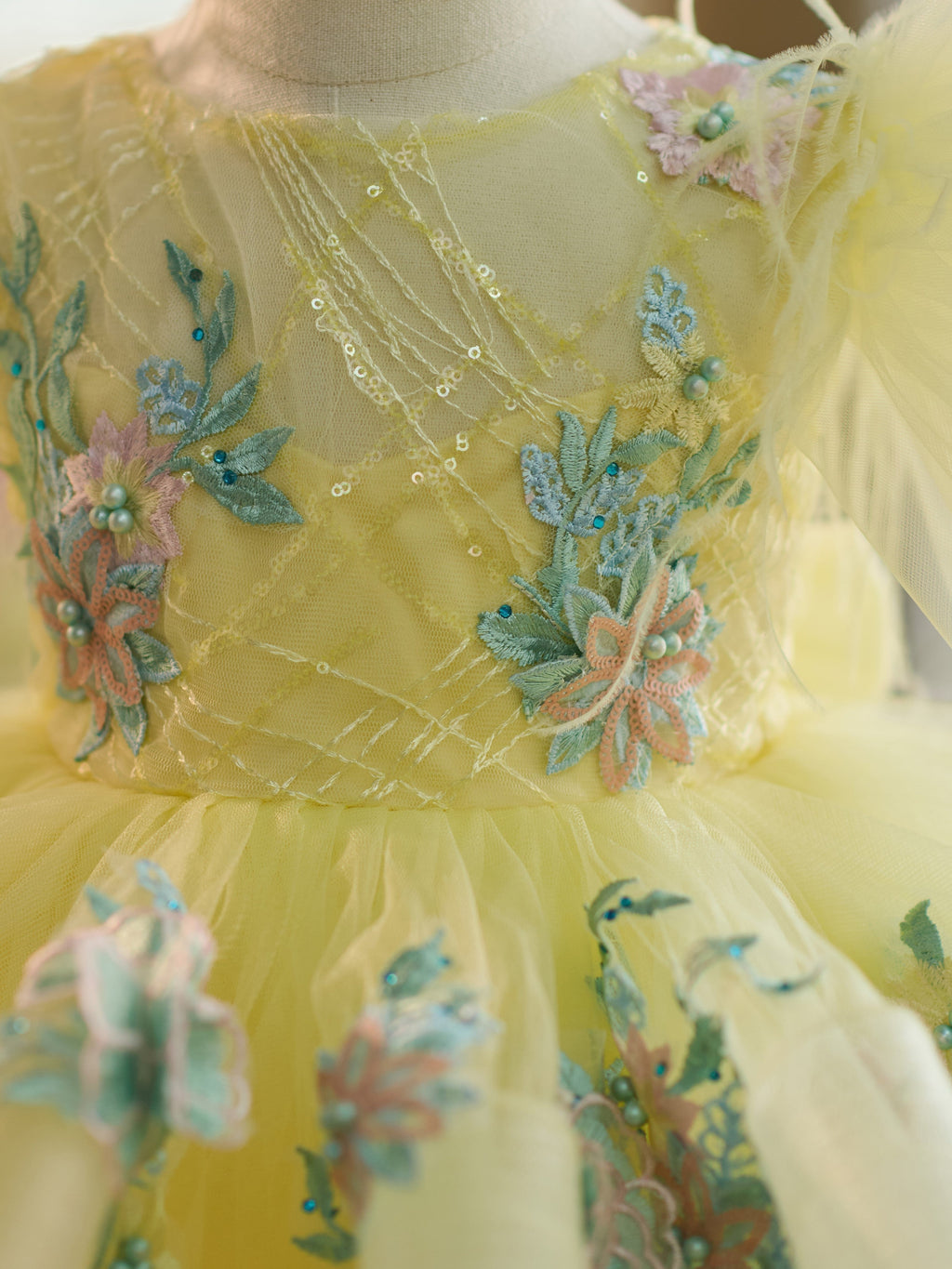Baby Girl Floral Embroidery Sequin Tulle Knee Length Zip Dress