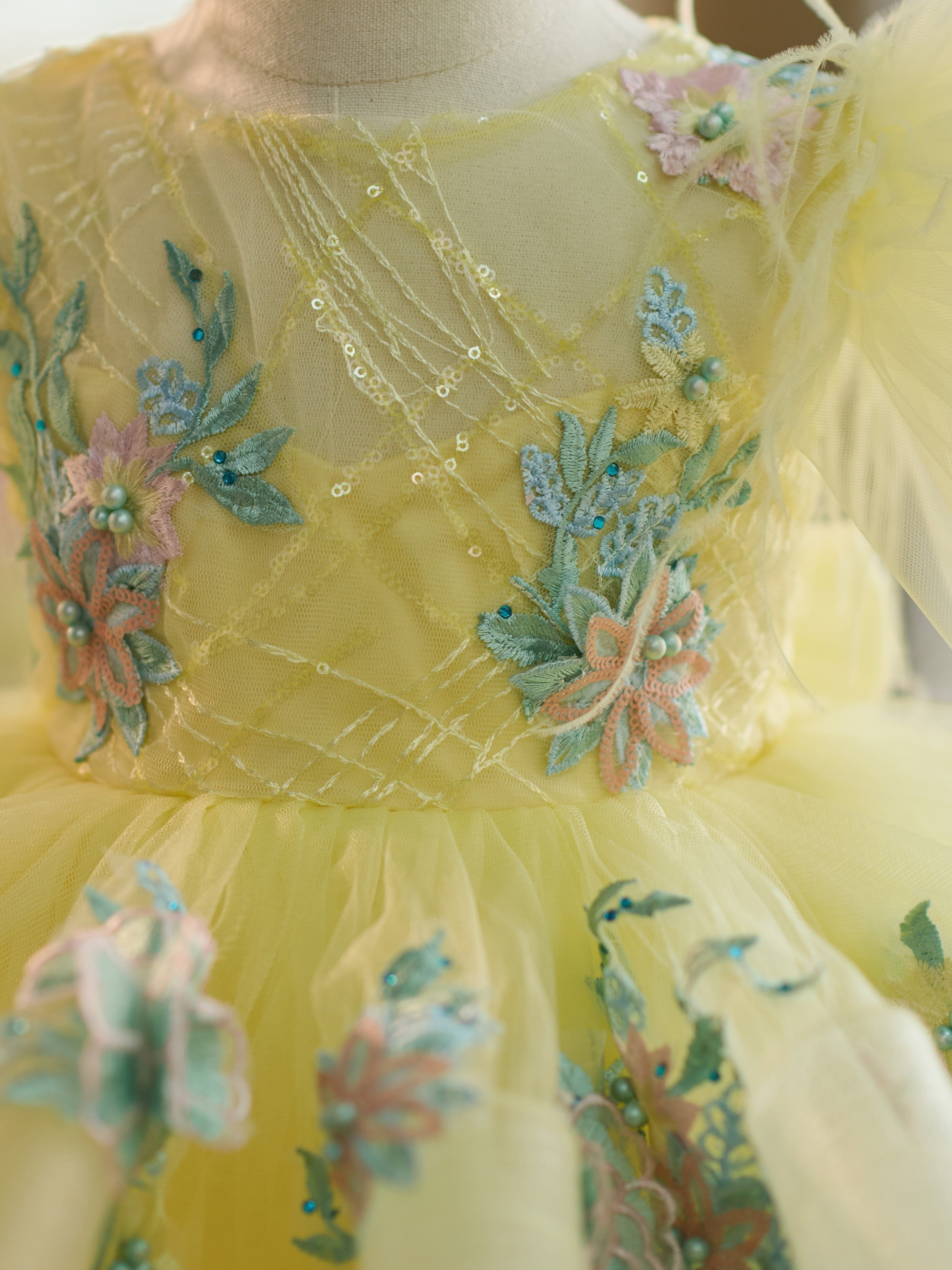 Baby Girl Floral Embroidery Sequin Tulle Knee Length Zip Dress