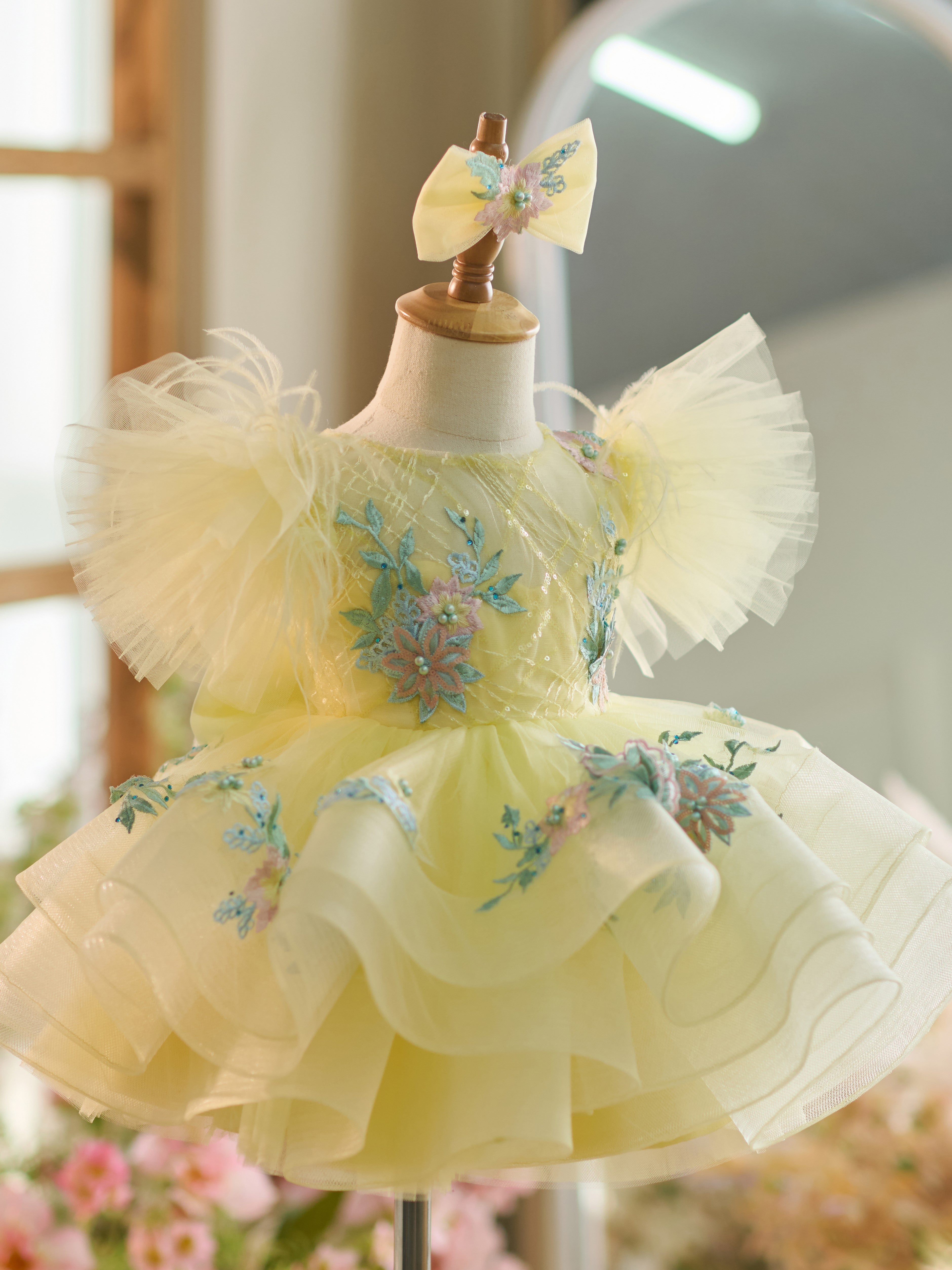Baby Girl Floral Embroidery Sequin Tulle Knee Length Zip Dress