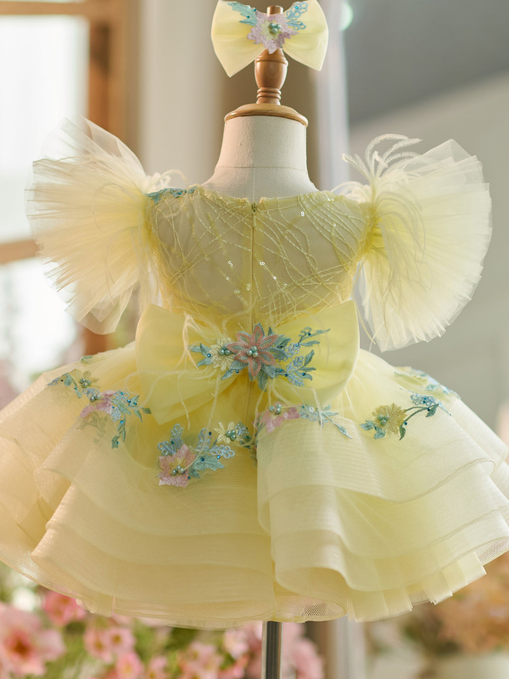Baby Girl Floral Embroidery Sequin Tulle Knee Length Zip Dress