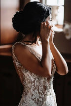 Sheer Straps Lace Mermaid Wedding Dress With Chapel Train Beading