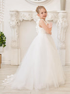 Elegant White Tulle Flower Girl Applique Lace Dress With Sweep Train
