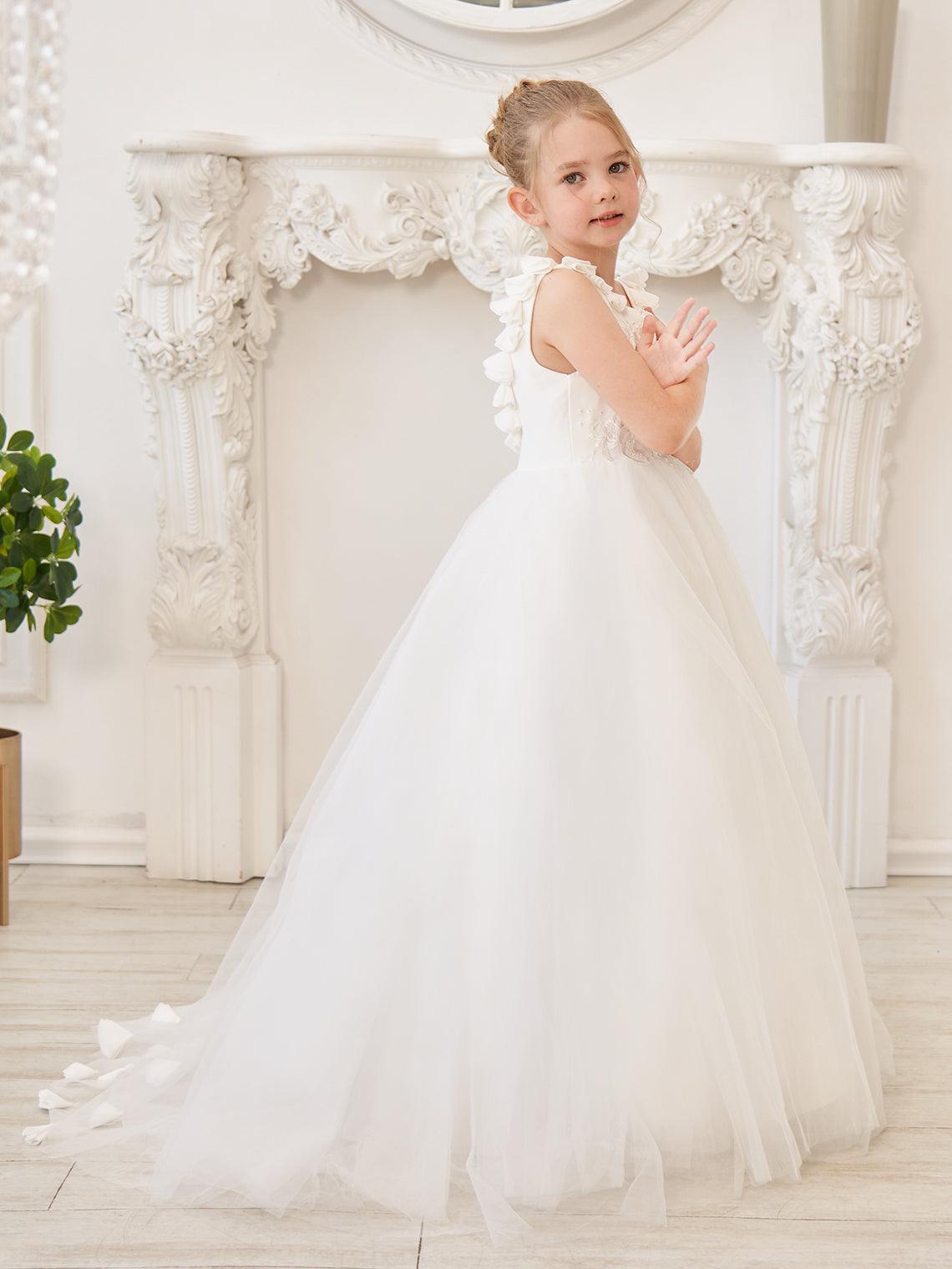 Elegant White Tulle Flower Girl Applique Lace Dress With Sweep Train