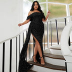 Plus Size Damen Langes Hochzeits-Party-Cocktail-Abendkleid mit hellen Pailletten 