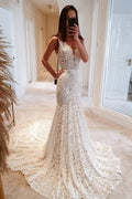 Chic Long Mermaid Wedding Dress With V Neck Open Back Lace Gown