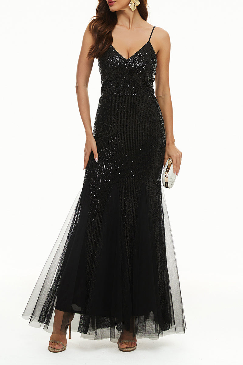 Sexy formelles, solides Patchwork-Abendkleid mit V-Ausschnitt 