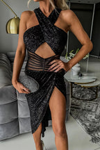 Born To Be A Star – Asymmetrisches Midikleid mit Pailletten und Netzstoff, Cut-Out-Taille 