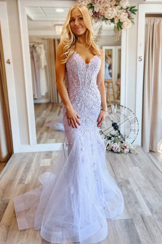 Vestido de fiesta de tul con brillo y encaje con escote en V de sirena