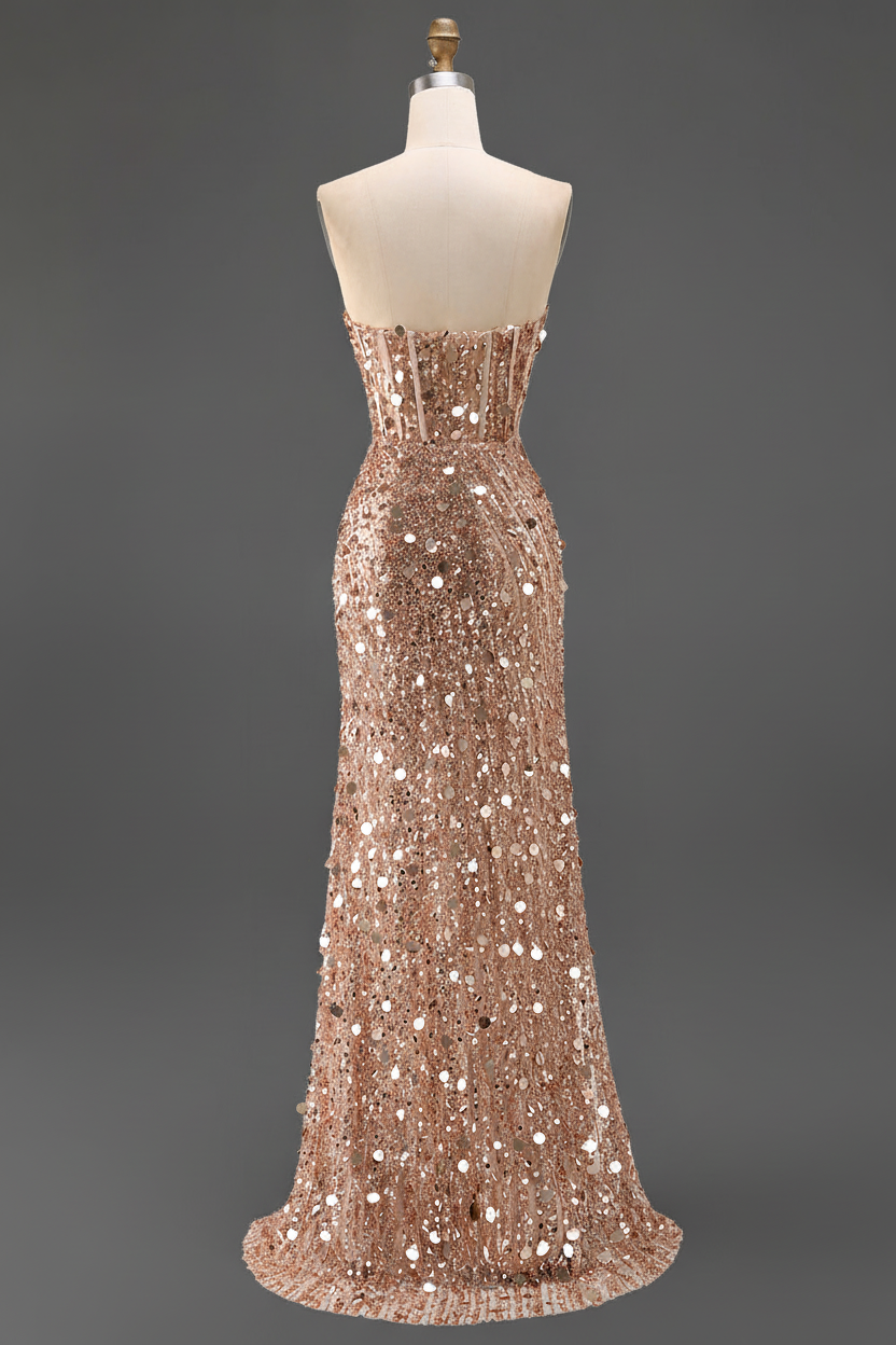 Sparkly Gold Fully Beaded Prom Dress With Deep V Neck Slit And Open Back
