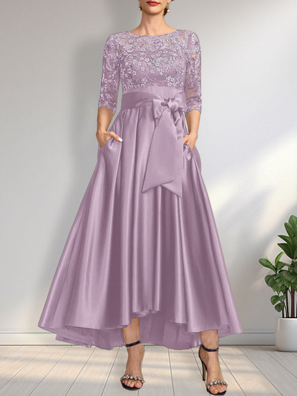 A-Linie U-Ausschnitt Illusion Asymmetrisch Satin Spitze Mutter der Braut Kleid mit Schleife