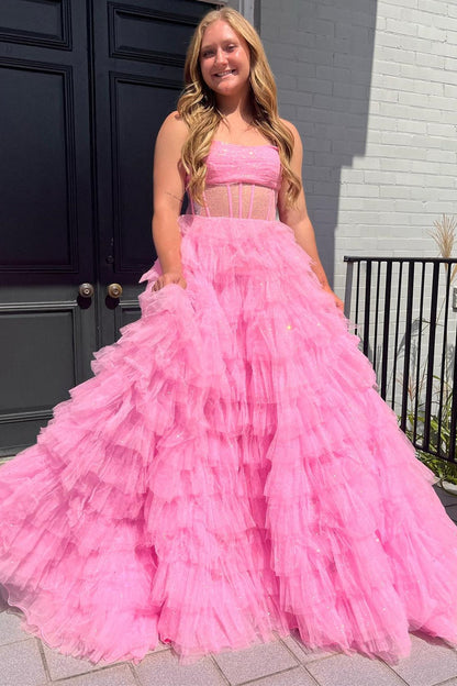 Roycebridal Aubriella | Vestido de fiesta de tul brillante con volantes, corte A y corsé sin tirantes