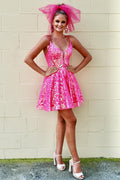 Sparkle Hot Pink Sequin Lace A-Line Short Homecoming Dress