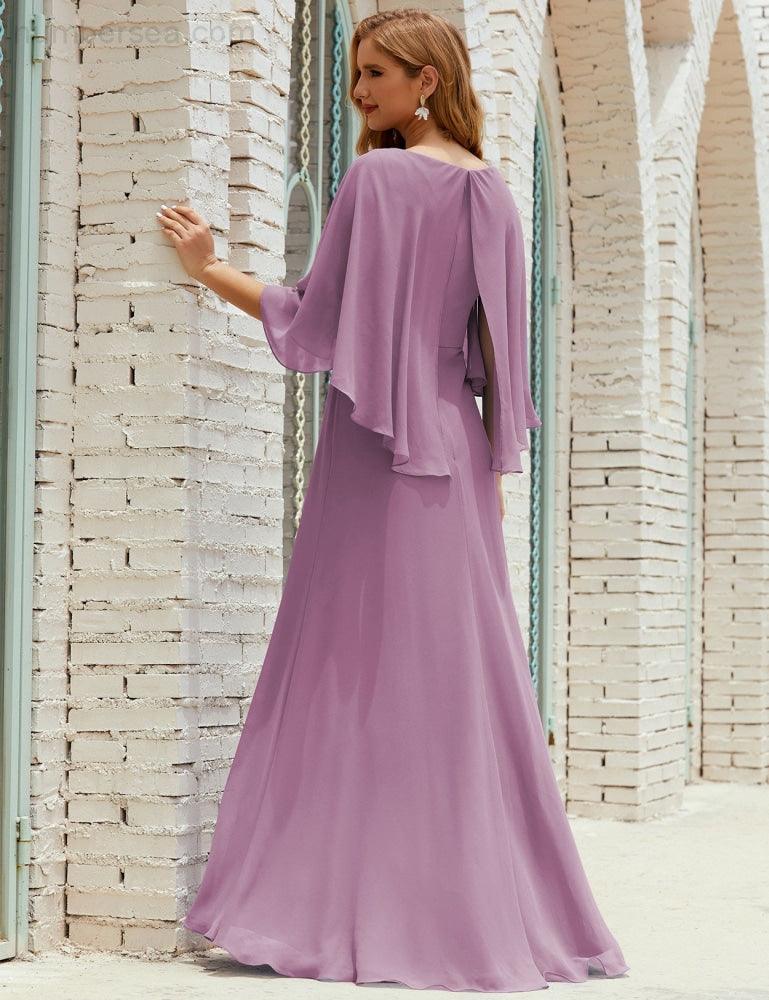 Abito da Damigella Donna Manica Lunga Scollatura a V Chiffon Abito da Cerimonia Matrimonio Festa 28018