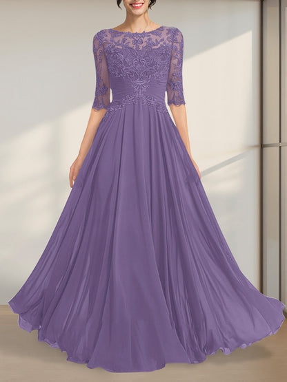 A-Linie, U-Ausschnitt, Illusion, bodenlanges Chiffon-Spitzenkleid für die Brautmutter mit plissierten Pailletten