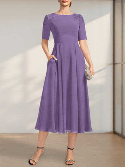 A-Linie U-Ausschnitt Wadenlang Chiffon Kleid für die Brautmutter mit Applikationen Spitze Pailletten