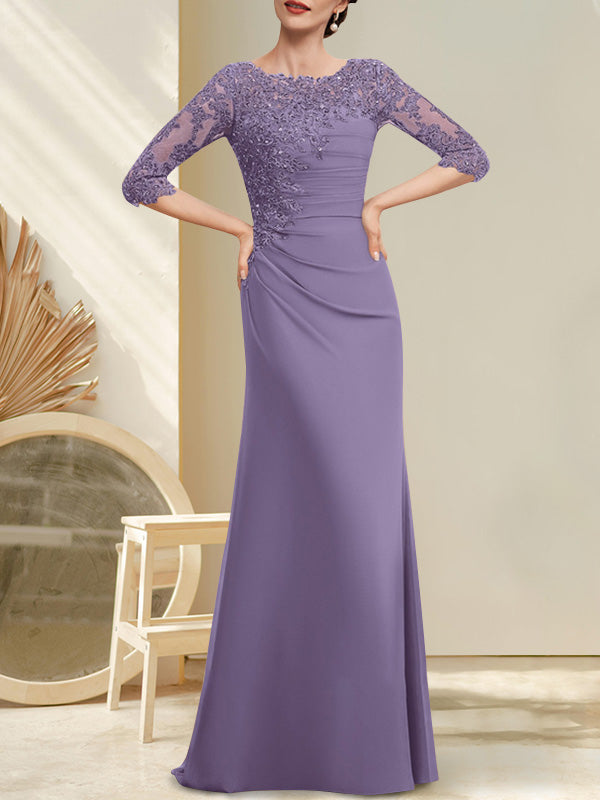 Robe de mère de la mariée en mousseline et dentelle, longueur au sol, en ligne A, décolleté en U, ornée de perles et de paillettes plissées