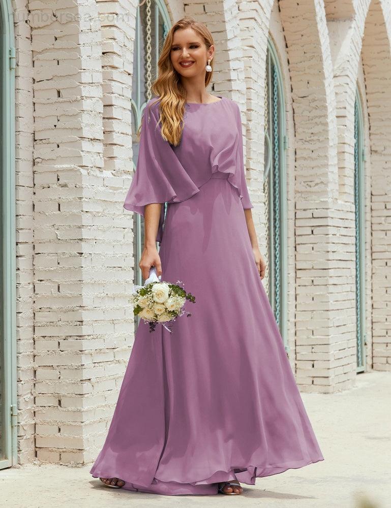Abito da Damigella Donna Manica Lunga Scollatura a V Chiffon Abito da Cerimonia Matrimonio Festa 28018