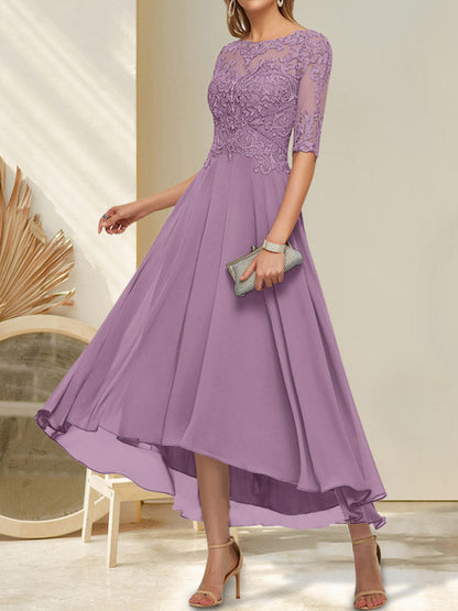 Vestido de madre de la novia de gasa asimétrica con escote barco, ilusión, encaje y lentejuelas con abalorios.