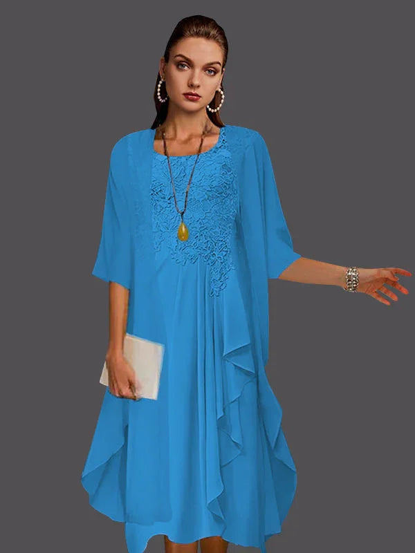 Vestidos de dos piezas con chaqueta sin mangas de encaje de gasa en línea A con pliegues y apliques