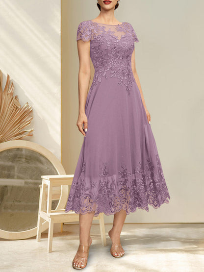 A-line Illusion Scoop Tea-Length Lace Chiffon Mother of the Bride Dress With Sequins