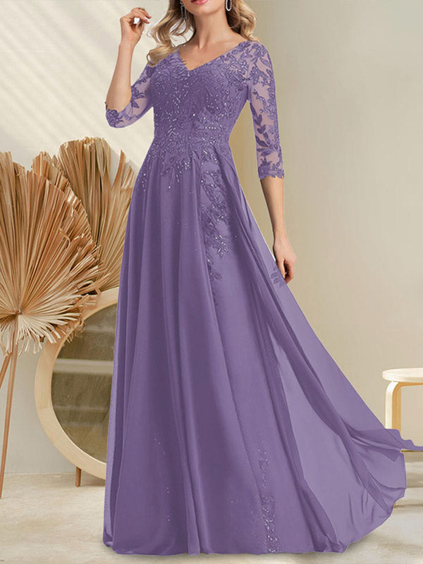 A-Linie V-Ausschnitt Bodenlanges Spitzen-Chiffon-Kleid für die Brautmutter mit Pailletten