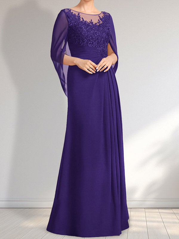 A-Linie, U-Ausschnitt, Illusion, bodenlanges Chiffon-Kleid für die Brautmutter mit plissierten Pailletten