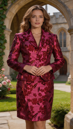 Fato-saia jacquard floral bordô com blazer ajustado e saia lápis