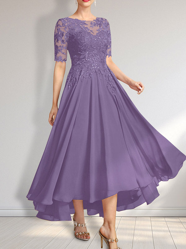 Robe de mère de la mariée en mousseline et dentelle asymétrique illusion à encolure dégagée, coupe en A, ornée de paillettes