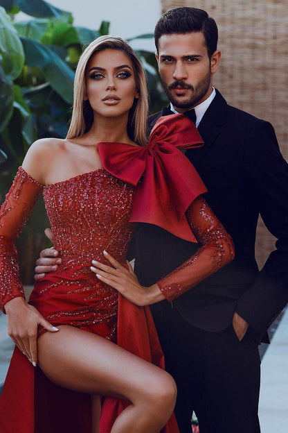 Vestido de fiesta de sirena con lentejuelas, manga larga y lazo color burdeos con abertura