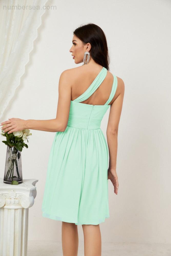 Numbersea Damen Chiffon Kurzes Ein-Schulter Brautjungfernkleid Festliche Kleider für Feier Heimkehr 2804