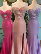 Light Yellow Mermaid Strapless Beaded Prom Dress With Keyholes