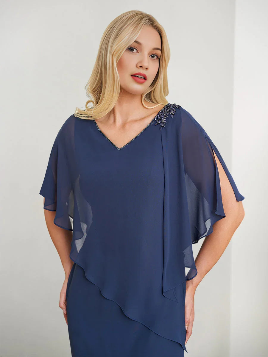 Vestidos de madre de la novia con escote en V, corte tubo/columnar, con cuentas y abertura lateral